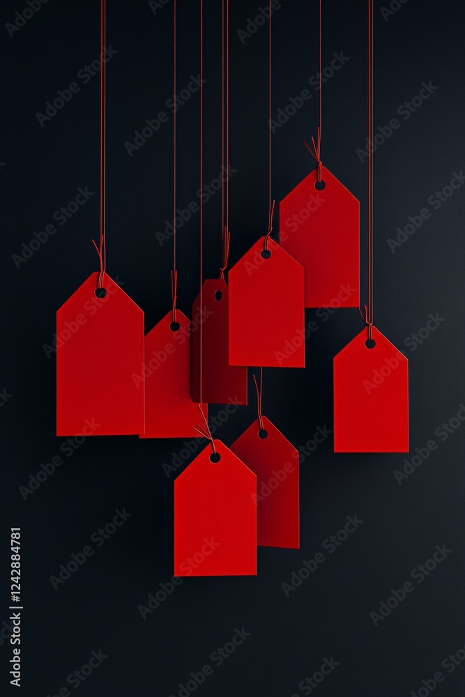 Poster Red tags hanging from ceiling on strings with dark background