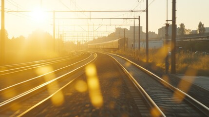 Fototapeta premium Sunset Train Tracks Cityscape Departure