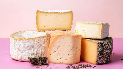 Different sort of farm made cheese isolated on a colorful background