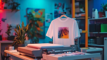 Digital t shirt printing heat press machine in printing production shop isolated on a colorful background