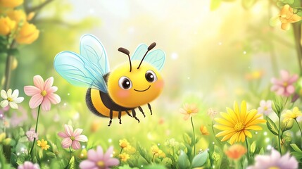 A delightful cartoon bee with transparent wings and a friendly smile is flying among colorful flowers