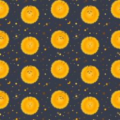 Fun fantasy objects. Cute fluffy sun stars. Seamless pattern with strange objects. Design for textiles and paper.