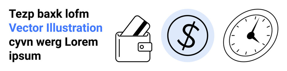 Wallet with credit cards, dollar sign in circle, and analog clock. Ideal for finance, budgeting, time management, banking, investment savings personal finance. Landing page