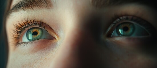 Naklejka premium Close-up female eyes gazing, dark background, hope concept