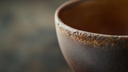 Close-up rustic brown ceramic bowl, wood background, food photography