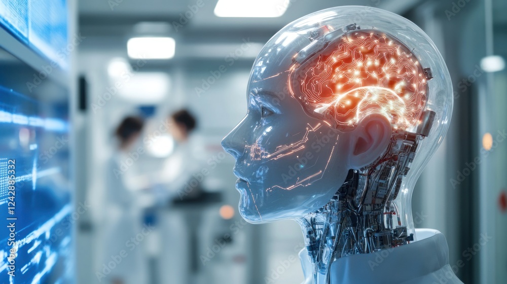 Poster Transparent Robot Head Displays Illuminated Brain Circuits