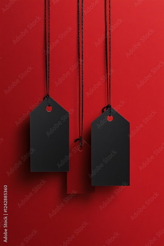 Poster Three black price tags hanging from string on red background