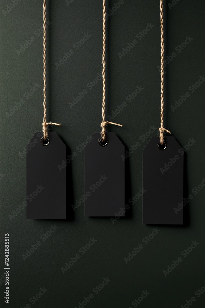 Poster three black price tags hanging on string on dark green background