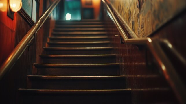 Ascending dimly lit wooden stairs in vintage building