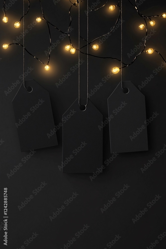 Poster three blank black gift tags hanging from string lights on dark background