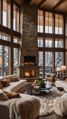Inviting rustic living room with a beige sofa fur rug stony wall fireplace warmth and stunning views of snowy mountains at golden hour  Interior Design Inspiration