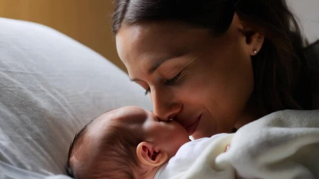 Mother kissing her newborn baby sleeping peacefully in bed with love and care