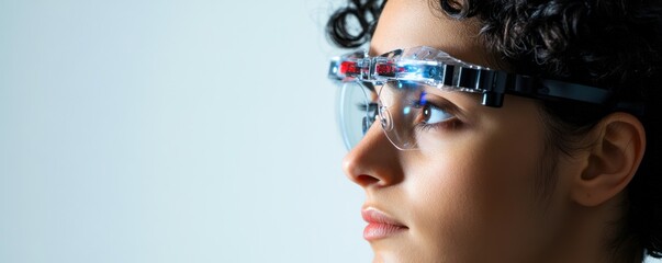 Naklejka premium Woman wearing futuristic eyewear, looking ahead, in a studio, against a plain background
