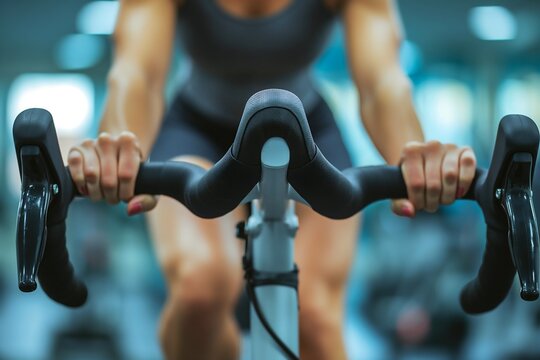 In a well-lit gym, a person wears comfortable workout attire and adjusts the resistance level on a stationary bike, concentrating on enhancing their workout intensity and tracking progress