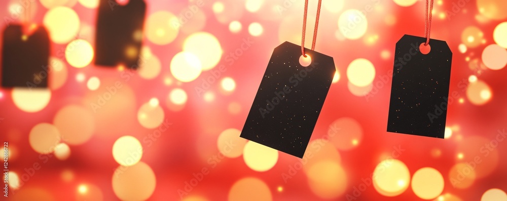 Poster two black friday gift tags hanging on red background with bokeh