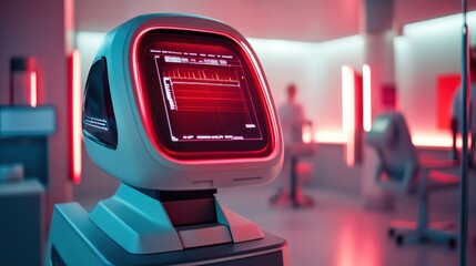 Fototapeta premium Futuristic medical robot monitoring patient, red-lit clinic