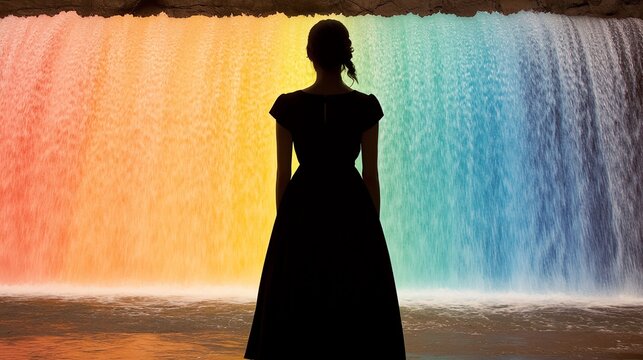 Silhouette of a Woman in Front of a Colorful Waterfall Display