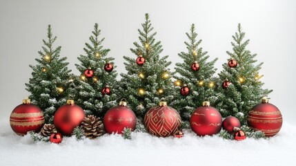 Festive Christmas scene with decorated evergreen trees, ornaments, and pinecones in snowy setting