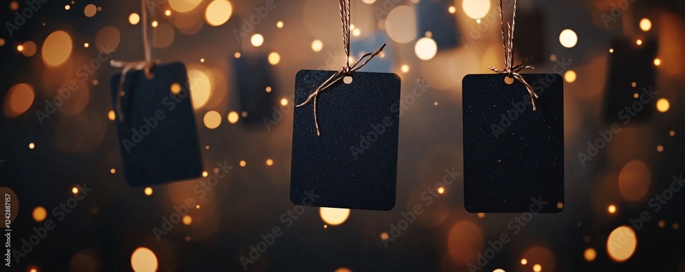 Poster black friday concept with hanging black tags and bokeh lights background