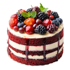 Mixed berries red velvet cake isolate on white background cutout png.