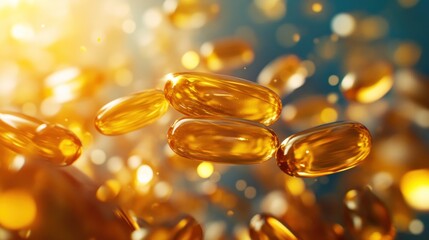 Golden oil capsules levitate, glowing, health supplement ad