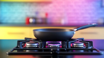 Pans on gas stove isolated on a colorful background