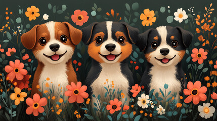 Obraz premium Celebrate the joy of National Puppy Day with playful puppies among vibrant flowers in a whimsical garden setting