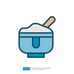 Blue Mixing Bowl With Flour And Wooden Spoon For Cooking Icon Representation In Kitchen Setting