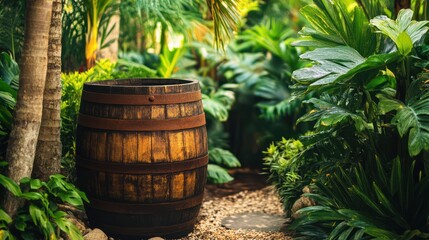 Wooden Barrel in Lush Tropical Garden