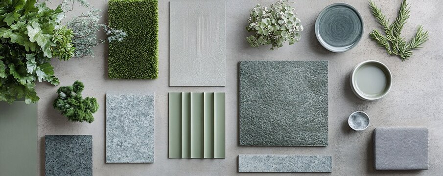 Interior designer creating mood board with textile and paint samples