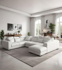 White leather sectional sofa in a spacious living room, family room, comfortable