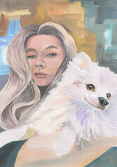 Drawing of a white Pomeranian Spitz in the hands of a blond girl with blue eyes