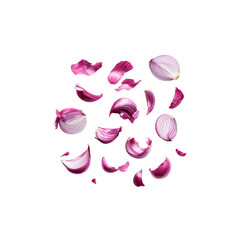 Fototapeta premium Set of flying red onions on a white background