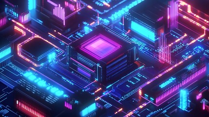 Fototapeta premium A futuristic quantum computer surrounded by glowing isometric data nodes, processing streams of large data in vibrant blue and purple tones.