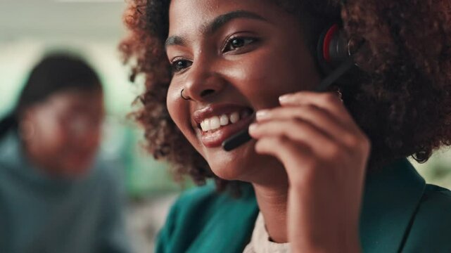 Talking, virtual assistant and woman with headset in office for administrative support with crm. Communication, audio tech and female business coordinator with online customer service in workplace