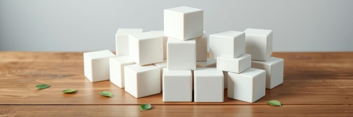 Obraz premium White cubes stacked on a wooden table with a few green leaves scattered around them, minimalist, abstract, white cubes