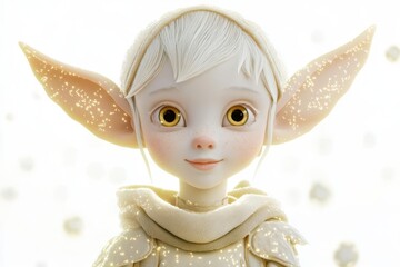 adorable 3d stylized elf child with pointed ears, whimsical expression, magical glow, ethereal white background