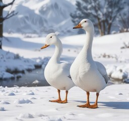 Fototapeta premium White duck and grey goose standing together in snow-covered landscape, waterfowl, nature