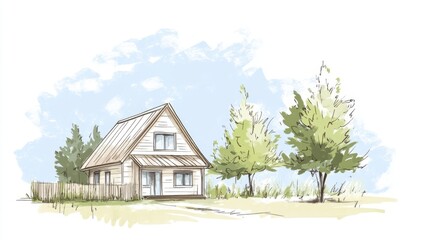 Countryside house sketch, trees, sunny day, peaceful scene, home design