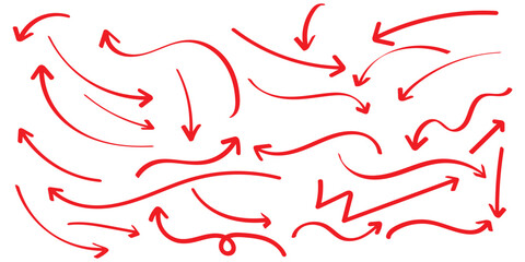 Set of simple lines hand drawn red arrows in various style. Set of simple of hand drawn red arrows. Set of simple lines hand drawn red arrows. Various of simple lines arrows collection