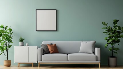 Poster above white cabinet with plant next to grey sofa in simple living room interior isolated on a colorful background