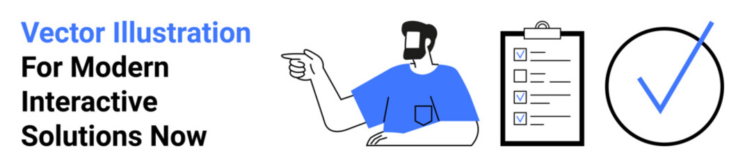 Person pointing, checklist on clipboard, and large checkmark emphasizing success, productivity, or task management. Ideal for business, planning, goals, teamwork deadlines strategy flat landing