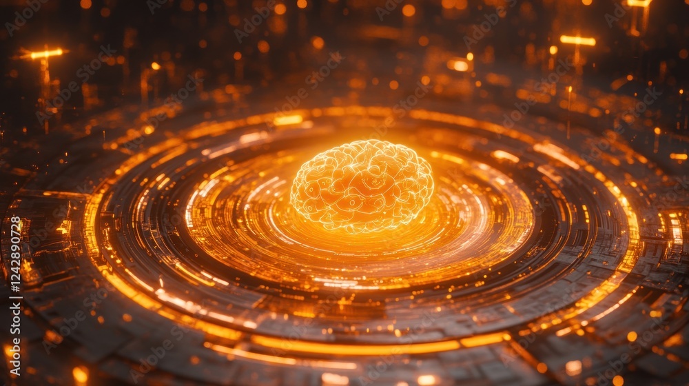Poster glowing brain within futuristic circular technology