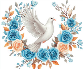 Fototapeta premium White dove flying with roses and floral wreath decoration
