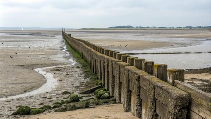 Fototapeta premium Weathered stone walls of a groyne stretch out into the mudflats at low tide, creating a unique habitat for wading birds and other wildlife, groynes, erosion patterns