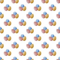 Seamless Easter pattern with decorated eggs in blue, red, and gold tones on a white background in a watercolor style