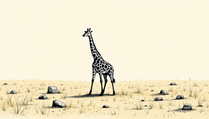 Lonely cartoon giraffe standing in an empty savanna landscape with a light background