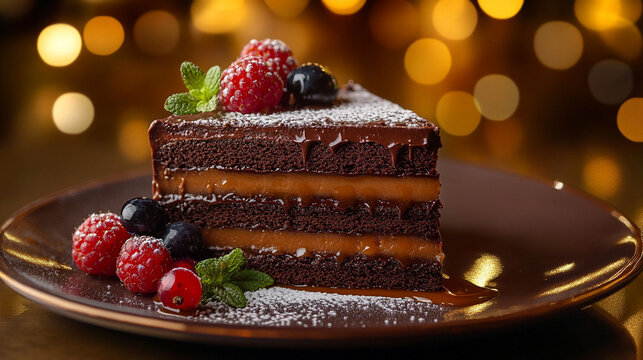 Gourmet layered chocolate cake topped with fresh raspberries and dark chocolate shavings, presented against a softly lit golden bokeh backdrop