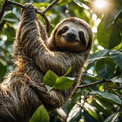 Fototapeta premium A sloth hanging from a tree branch with sunlight filtering through the leaves.