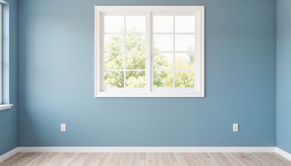 Fototapeta premium Bright blue room with large window, inviting serenity and calmness